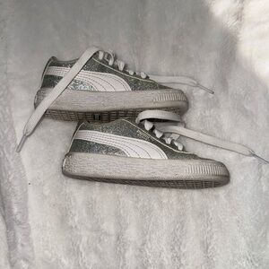 Puma basket, size 6 shoes, silver sparkly, and white